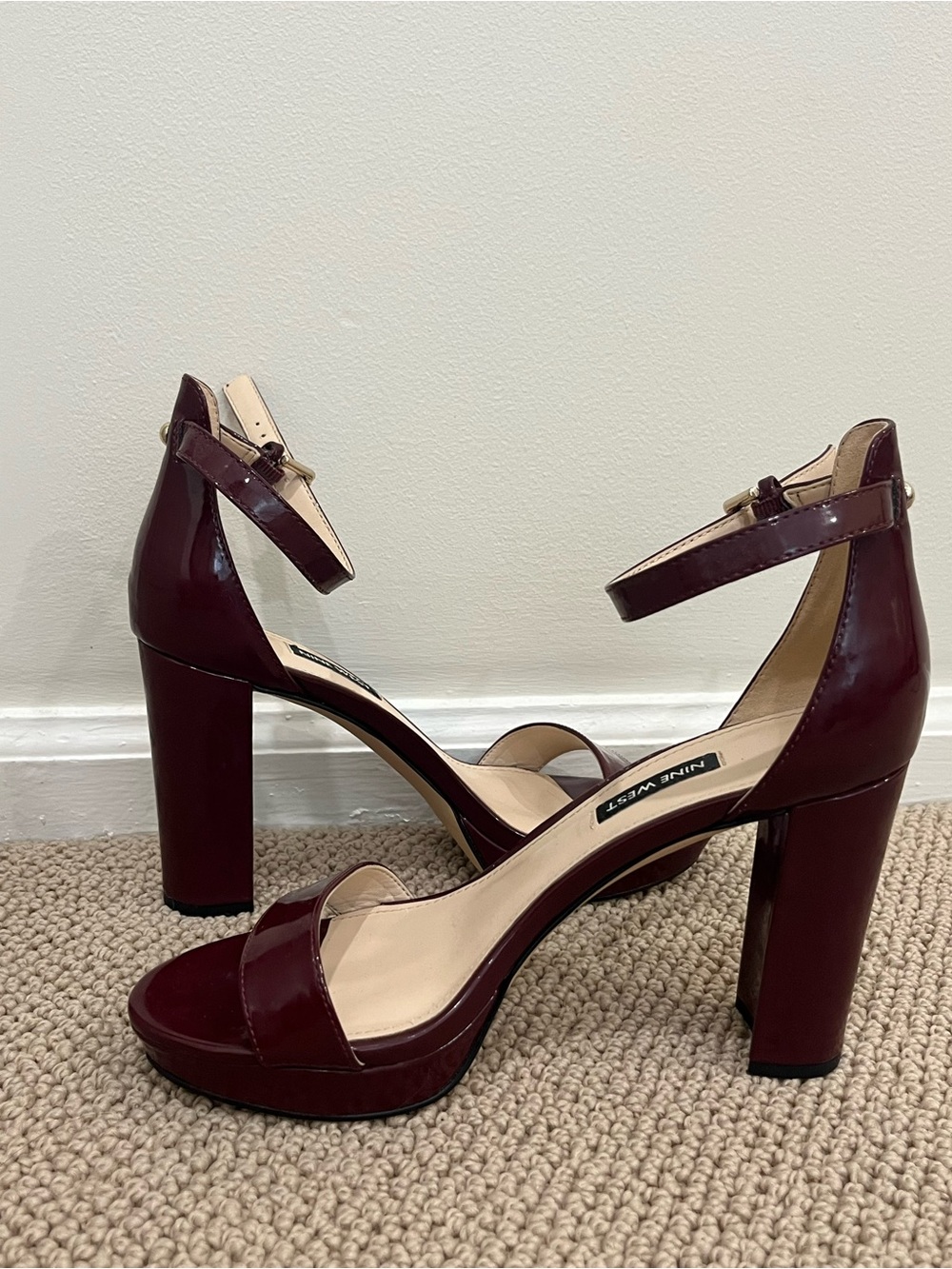 Like new! Nine West Burgundy Patent Ankle-Strap Block Heels - Picture 7 of 14